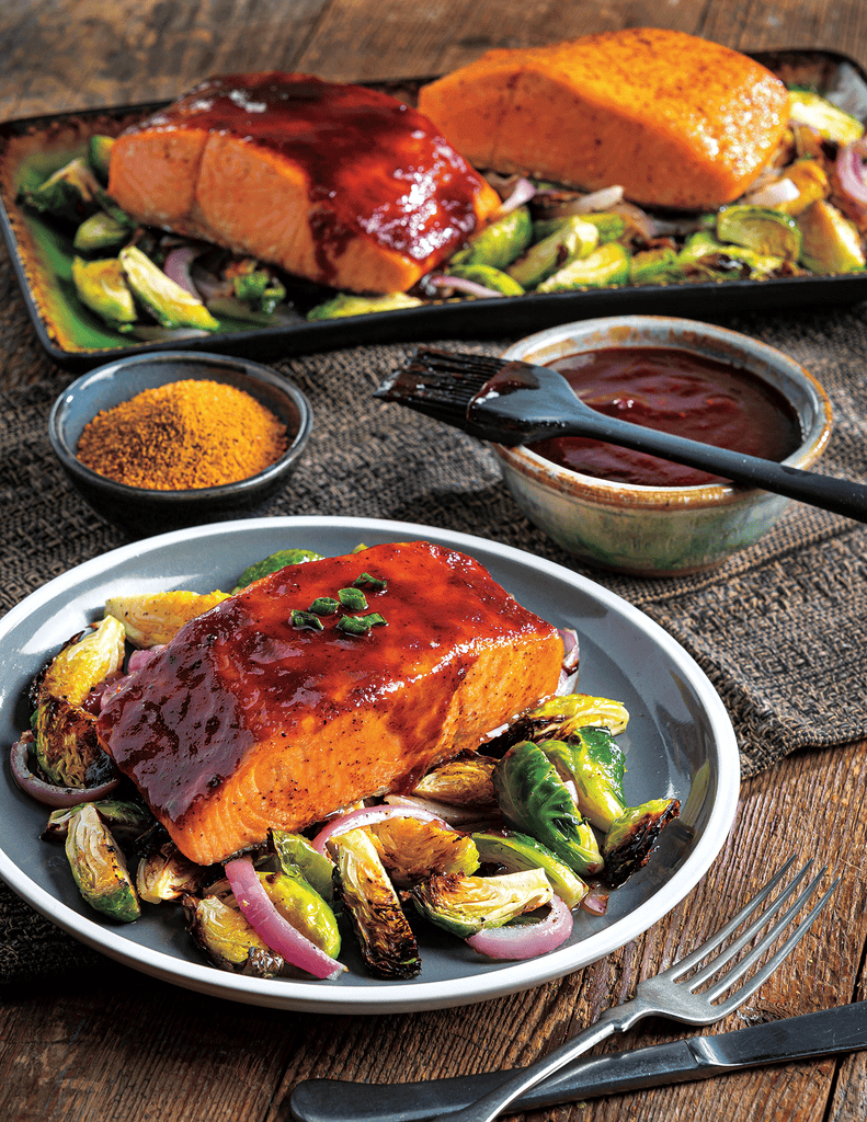 Air Fryer Cherry-Mesquite Salmon & Brussels Sprouts